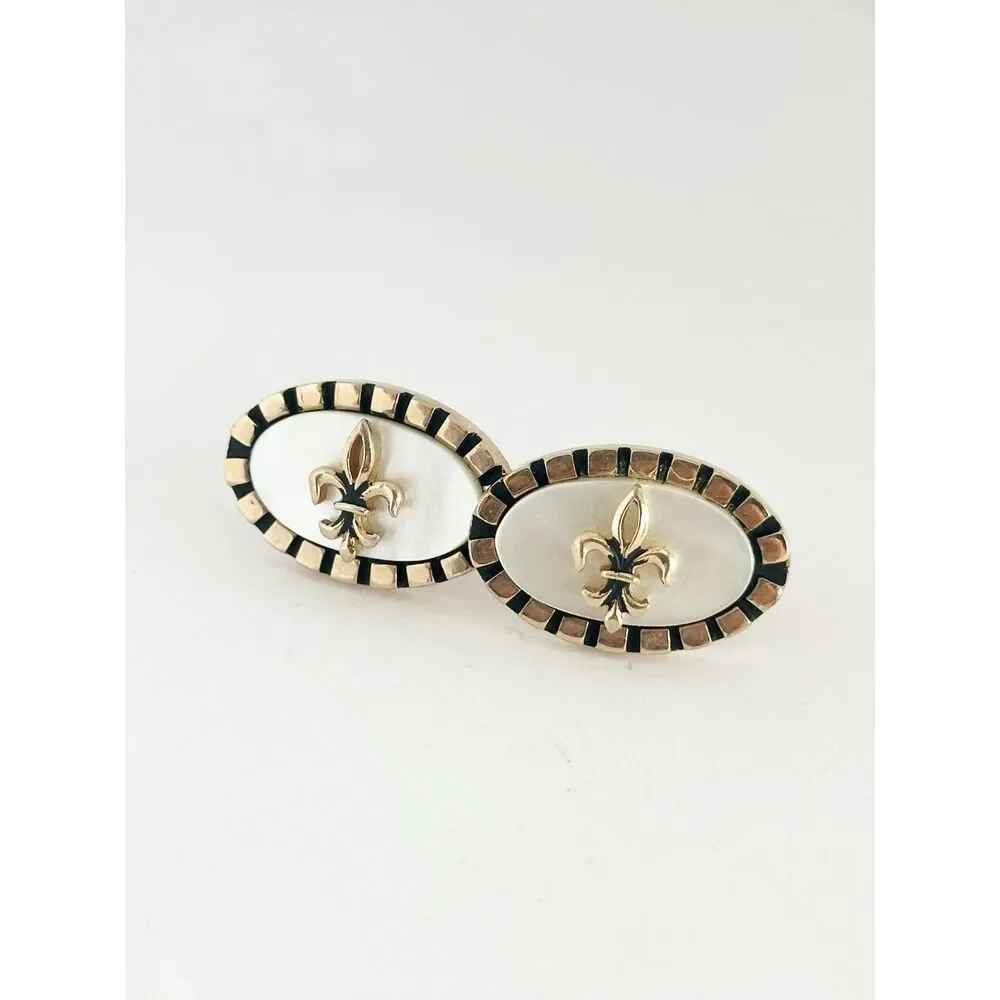 Vintage Fleur De Lis Mother of Pearl Gold Tone Cuff Links